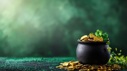 A cauldron of gold coins and green clovers, a representation of AI generative art.