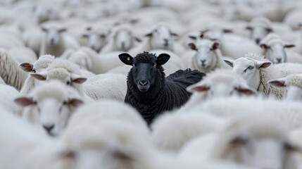 One black sheep surrounded by white ones, symbolizing difference and individualism – this image is AI Generative. - obrazy, fototapety, plakaty