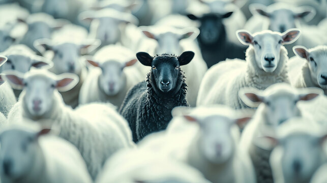 A black sheep in the midst of a white flock, exemplifying the concept of being unique &ndash; this image is AI Generative.