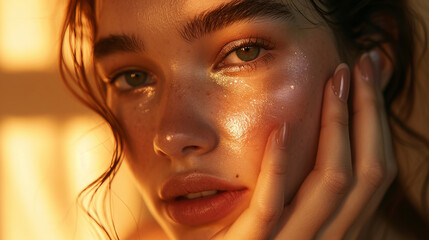 A portrait of a young woman bathed in golden sunlight, her face adorned with glistening water droplets is AI Generative. - obrazy, fototapety, plakaty