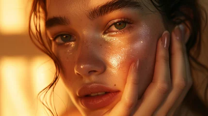 Foto op Canvas A portrait of a young woman bathed in golden sunlight, her face adorned with glistening water droplets is AI Generative. © sorapop