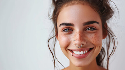 A woman with a septum piercing and freckles beams with a warm, inviting smile is AI Generative.