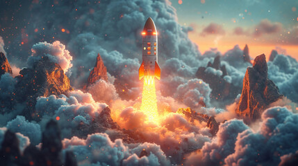 A space shuttle soaring through a mystical cloud-covered landscape, evoking wonder and discovery, is AI Generative. - obrazy, fototapety, plakaty