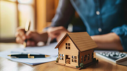 A focused individual signing important documents with a model house on the table, is AI Generative.