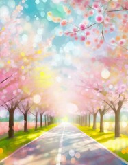 真っ直ぐな道と桜 - obrazy, fototapety, plakaty