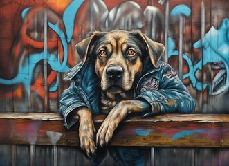 Colorful graffiti artwork of brown and black mutt mixed breed dog wearing graffiti jeans jacket and tattoos, waiting on an urban fence also covered in splashes of paint.