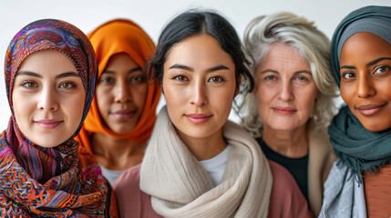 Women of different cultures sharing a moment, symbolizing global unity and acceptance, the image is AI Generative. - obrazy, fototapety, plakaty