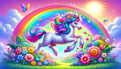 Fototapeta premium Majestic Unicorn Among Blooming Flowers. A smiling unicorn surrounded by colourful flowers under a rainbow.