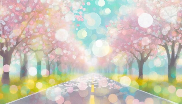 桜並木の真っ直ぐな道と青空