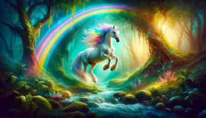 Mystical Unicorn in Enchanted Forest.
Description: A unicorn leaping across a rainbow in a magical forest setting.