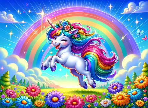 Enchanted Unicorn with Floral Crown.
Unicorn with a rainbow mane wearing a flower crown in a vibrant field.