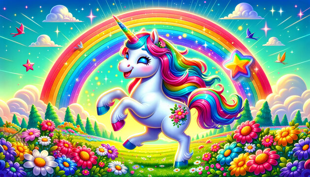Magical Unicorn in Enchanted Meadow.
Colourful unicorn prancing in a floral meadow with a vibrant rainbow.