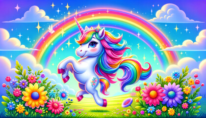 Obraz premium Vibrant Unicorn Prancing Under Rainbow. A gleeful unicorn prancing in a flower field beneath a rainbow.