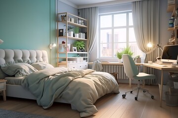 A modern bedroom with a white bed, desk, and bookshelf. The room has a blue accent wall and a large window with a view of the city. The room is decorated with plants and has a cozy feel