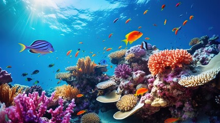 Obraz na płótnie Canvas Tropical underwater sea life at bright and colorful Coral reef landscape ai generated