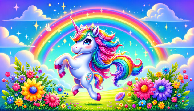 Vibrant Unicorn Prancing Under Rainbow.
A gleeful unicorn prancing in a flower field beneath a rainbow.
