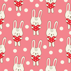 Obraz premium cute bunny holding heart cartoon seamless pattern vector illustration for decoration invitation greeting birthday party celebration wedding card poster banner textiles wallpaper background
