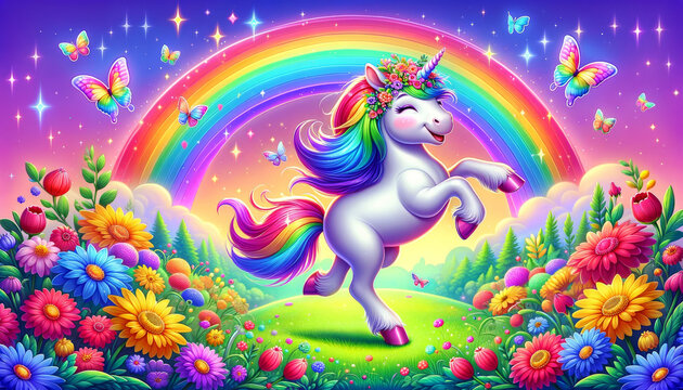 Playful Unicorn in Flower Field.
Gleeful unicorn frolicking in a field of multicoloured flowers.