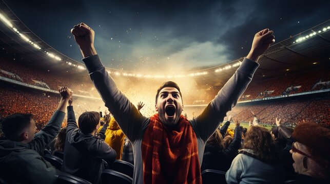 This is an image depicting passionate fans cheering in a soccer stadium The stadium is filled with