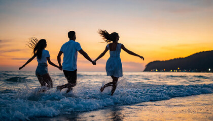 Joyful friends silhouette, seaside euphoria: Group of friends running and leaping into the sea, basking in the vibrant hues of a mesmerizing sunset