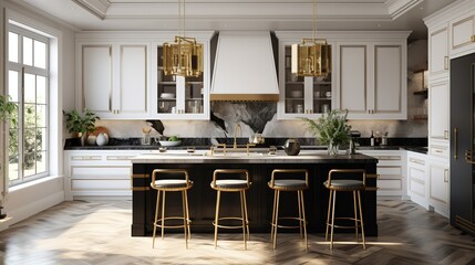 Elegant Kitchen Photo Modern Design in Black,white, Gold, White and Beige with Green Plants