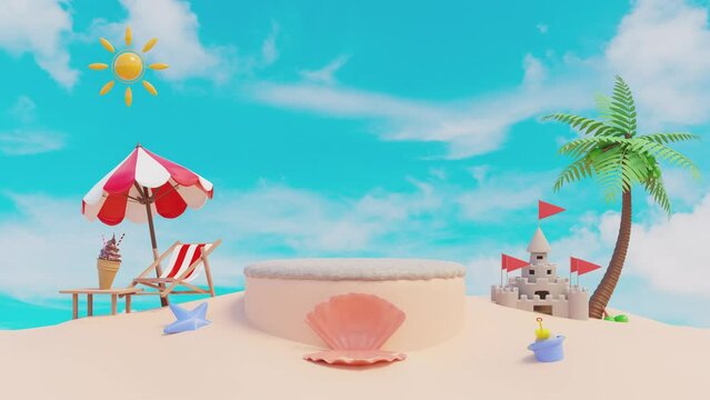 cylinder stage podium empty with sand castle, beach chair, ice cream cones, palm leaf, coconut tree, bucket, shellfish. shopping summer sale concept, 3d illustration render