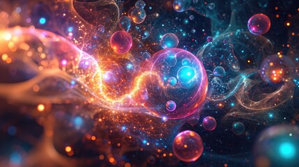 Abstract 3D symphony of subatomic particles background