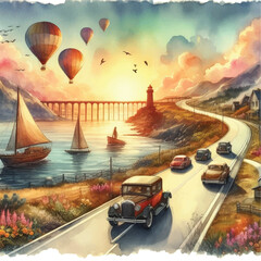 streat coastline with boat and hot balloons