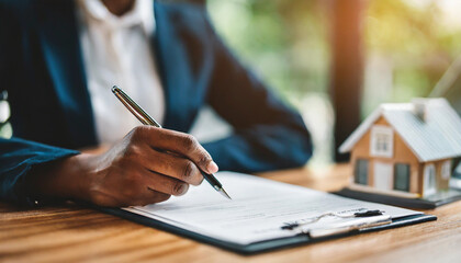 black woman signing insurance agreement during a meeting with agent, symbolizing trust, security, and financial empowerment - obrazy, fototapety, plakaty