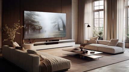 Interior of modern living room with white and brown walls, wooden floor, white sofas and tv on the wall