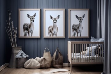 a modern nursery with three framed black and white photographs of a young deer on a blue wall. The room is decorated with a crib,