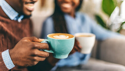 Couple with coffee, hands intertwined, sharing warmth and connection in the comfort of home