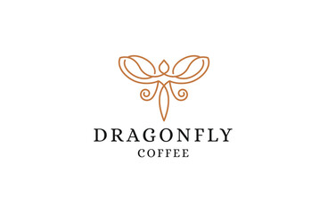 Dragonfly coffee logo. Dragonfly with coffee bean shape design template flat illustration