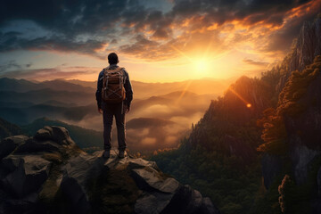 traveler with a backpack standing on the edge of a cliff looking at the setting sun