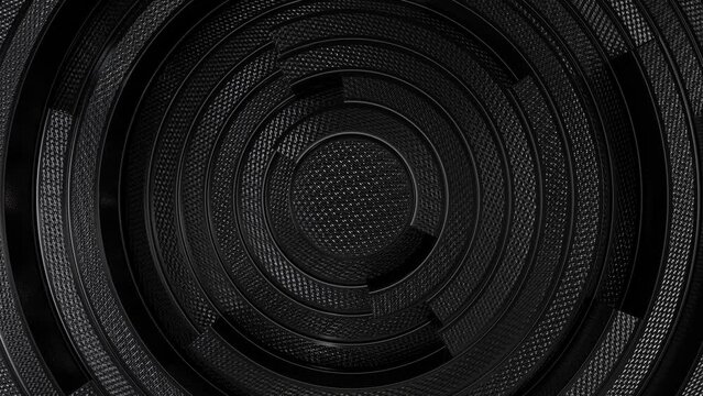Realistic abstract looping 3D animation of the clock-style moving composite carbon fiber rings pattern rendered in UHD as motion background