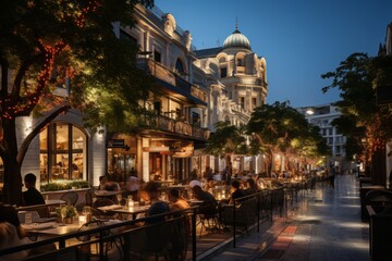 City's central square surrounded by cafes and bars with patrons enjoying the evening, Generative AI