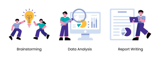 Working Activity Illustrations. Collection of scenes with men and women taking part in working activities. Brainstorming, data analysis, report writing.