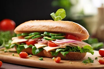 Foto op Plexiglas Wholesome Freshness. Savor the flavors of a delicious sandwich packed with crisp and healthy ingredients. A feast for your taste buds. © Amila Vector