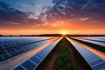 Sundown in Europe - solar panels on expansive farm. Generative AI