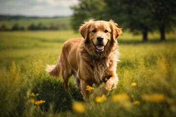 Amazing brown golden retriever in the grass.