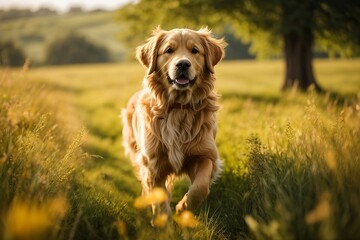 A majestic golden retriever running in green lush background