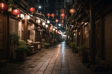 The alley between food shops at night has a Japanese atmosphere with lanterns hanging empty without...