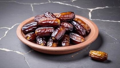  sweet-dates-in-a-clay-plate-on-stone-tile-and-wooden