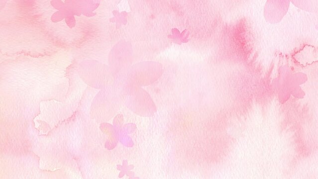 ピンク色の水彩画を背景に、桜の花が舞い降りてくる美しいループアニメーション。