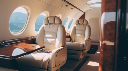 The private jets elegant interior is a stark contrast to the serene lakes passing by outside its windows, creating a unique and luxurious travel experience.