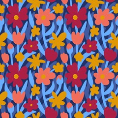 Hand drawn seamless pattern with flower floral elements, blue red yellow blossom leaves. Nature bold botanical print, peach apricot bloom daisy, modern contemporary style.