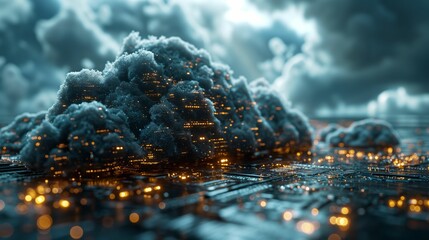 The concept of cloud computing technology, cyber security, smart city, and digital cloud data center. It involves futuristic big data processing in the cloud
