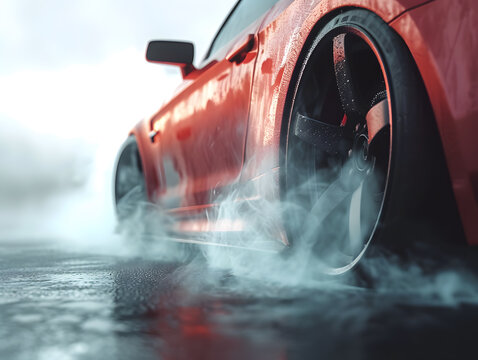 Drifting car. Racing car wheel drifting and smoking on the race track, Abstract texture and background black tire tracks skid on asphalt road. Tire skid marks © Some