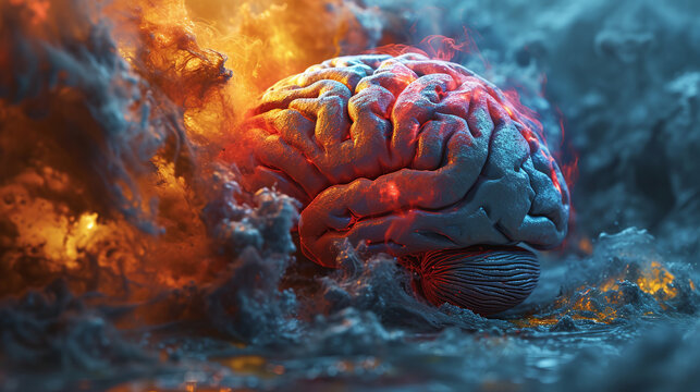 Reciprocal determinism. The concept shows a creative human brain filled with various colors and dynamic activity