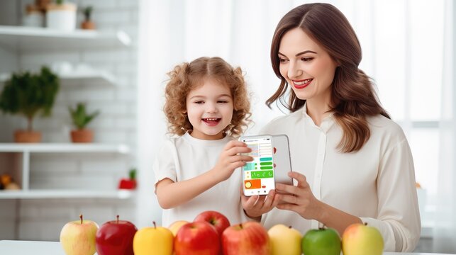 Nutrition and diet planning technology application for personalized meal plan, Mother and kid selecting food together, smart modern lifestyle